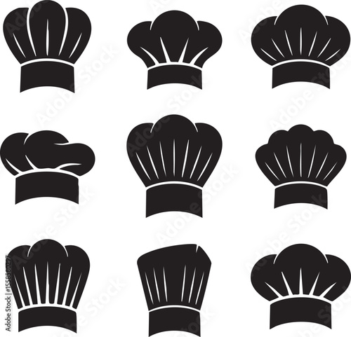 Collection of nine black chef hats or toques on a white background