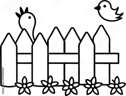 Cute little birds and picket fence with flowers for your garden