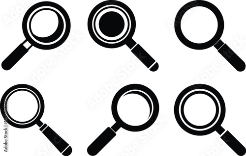 magnifying glass icon set, book search symbol, zoom illustration silhouette