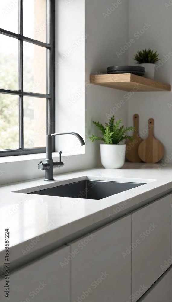 Fototapeta premium Sleek Modern Kitchen Sink Seamless Integration in Pristine White Countertop, Ample Workspace for Minimalist Design