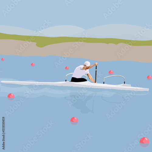 Canoeist training on a summer day on a rowing canal between buoys with the shore and distant mountains in the background. Sports set of pictures