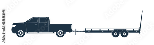 A pickup truck tow 2 axle open trailer. Vector illustration.