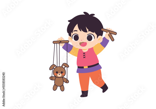 Cartoon boy operates a puppet bunny with strings and sticks