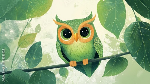 Adorable green owl perched on a branch amidst lush green leaves.