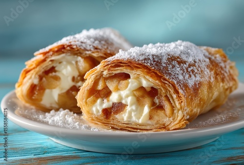 Delicious Sweet Pastry with Cream and Apple Filling Topped with Powdered Sugar on a Light Blue Wooden Surface