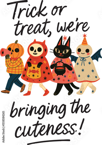 Hand-drawn Halloween illustration featuring cute characters in costumes, with a playful 'Trick or treat, we’re bringing the cuteness!' slogan. Perfect for festive and fun designs, ideal for Halloween
