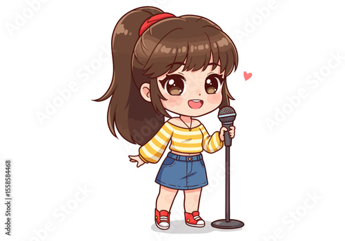 Cartoon girl with brown hair and red headband singing with a microphone