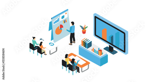 Isometric view of a presentation with charts and graphs being given to a small group of people present