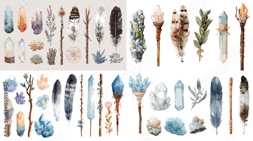 Mystical watercolor set of crystals, feathers, staffs, and herbs, perfect for boho decor, magical rituals, spiritual branding, or esoteric design elements.

