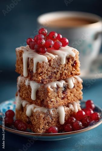 Deliciously Baked Cake Squares with Icing and Red Currants on a Decorative Plate Next to a Cup of Coffee in a Cozy Setting