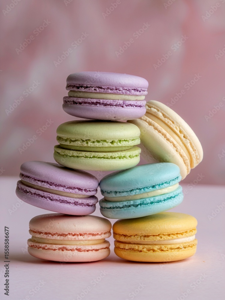 stacked pastel macarons photo with soft pink background | colorful stacked pastel macarons dessert with elegant mood | pastel macarons stacked for bakery branding stacked pastel macarons photo with soft pink background | colorful stacked pastel macarons dessert with elegant mood | pastel macarons stacked for bakery branding