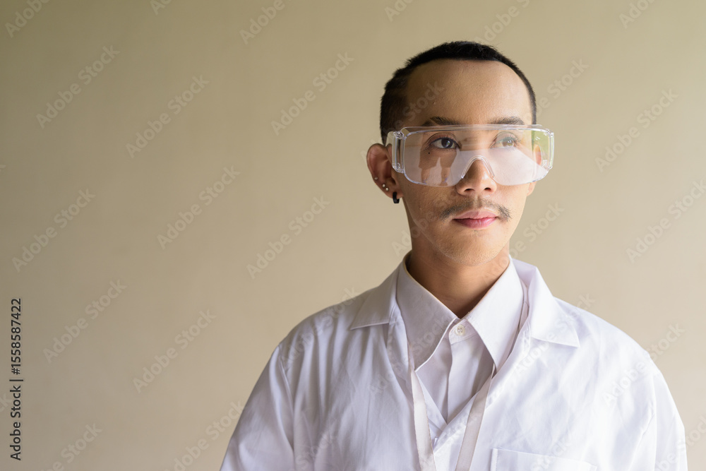 portrait of a young scientist gay man wearing safety glass goggles portrait of a young scientist gay man wearing safety glass goggles