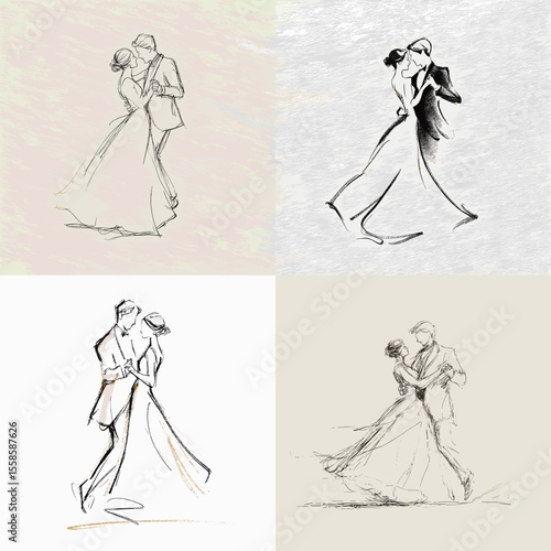 Expressive minimalist sketches of bride and groom dancing, drawn in fluid lines, ideal for wedding invitations, romantic decor, or elegant love-themed artwork.

