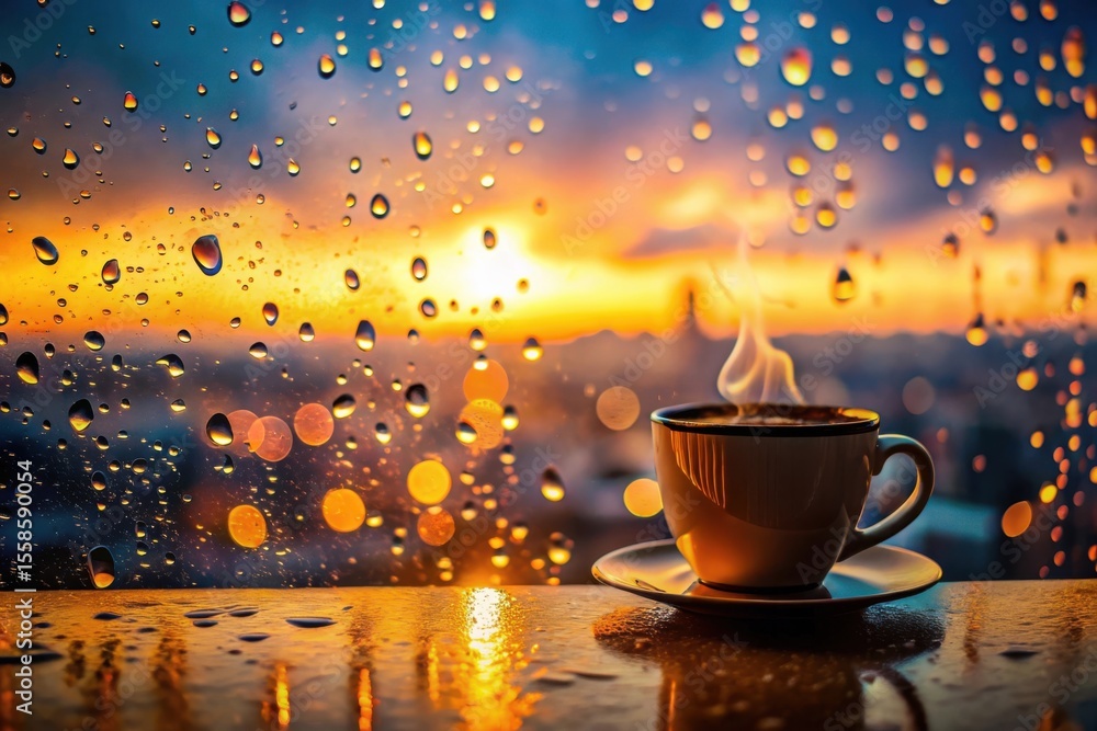 Steaming coffee cup on a rainy window with a golden sunset view Steaming coffee cup on a rainy window with a golden sunset view