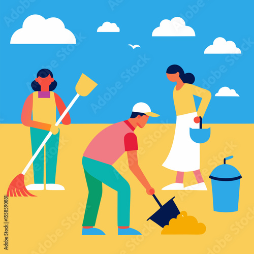 Vector illustration of a smiling woman worker with a shovel and broom, cleaning at home