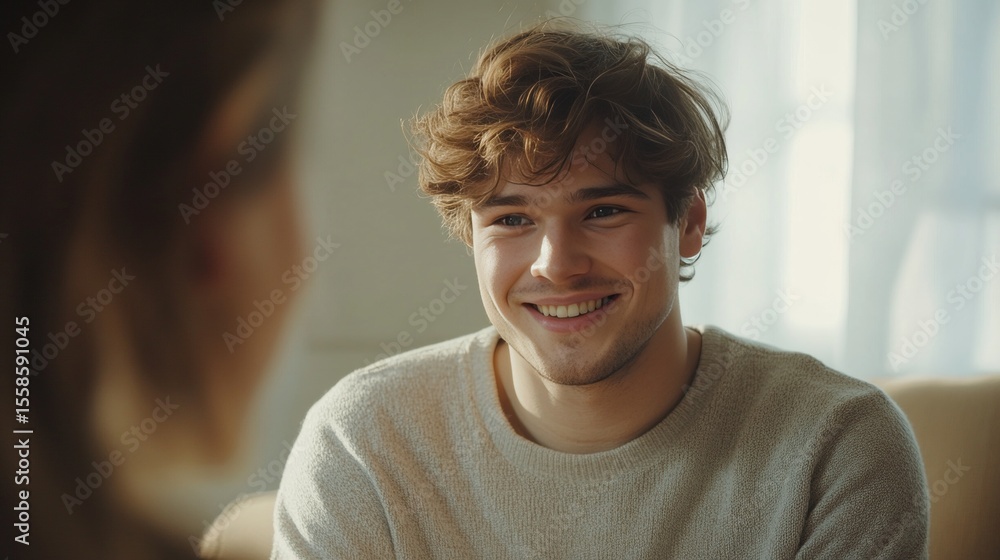 Fototapeta premium Happy young man with short curly hair, looking at someone and smiling brightly.