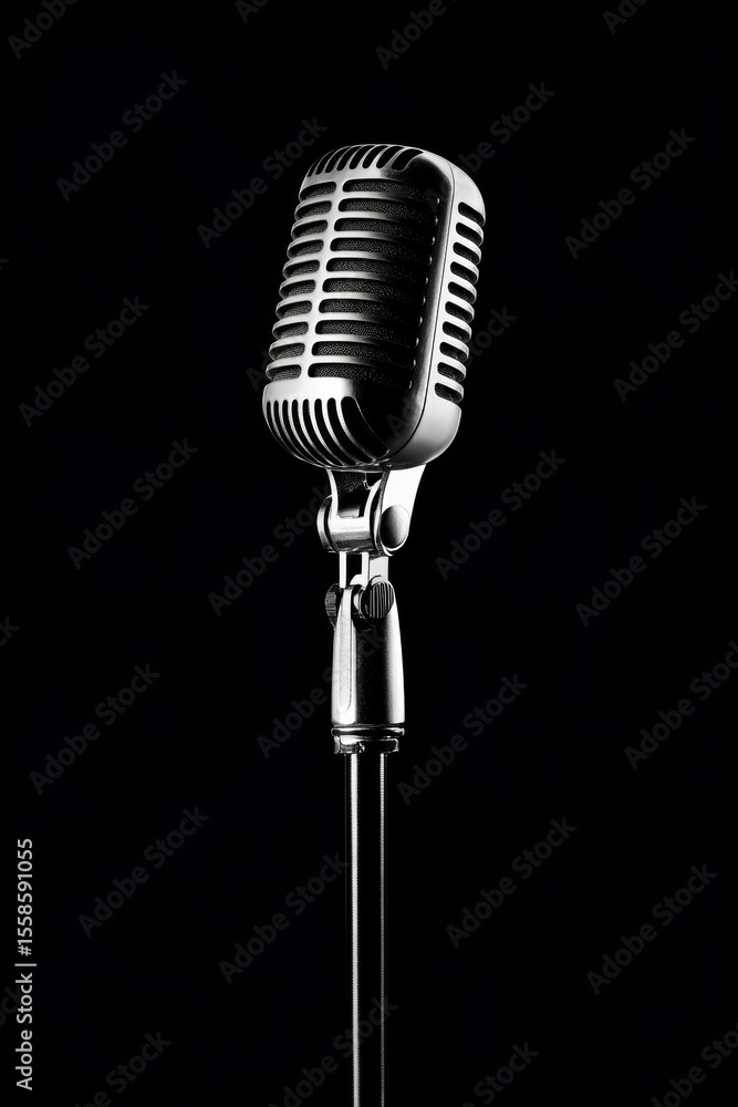 Fototapeta premium Microphone on a stand in the dark, ready for a live performance or recording.