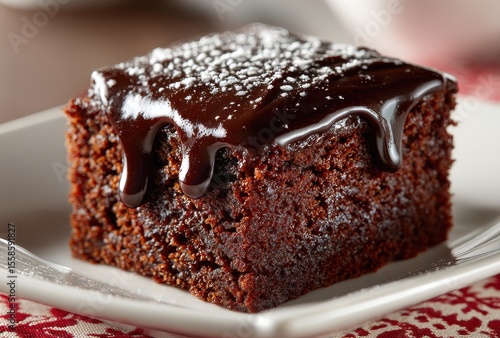 Deliciously Rich Chocolate Cake Slice Topped with Glossy Chocolate Ganache and Dusting of Powdered Sugar on White Plate