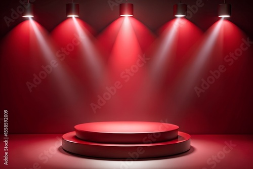 A circular red stage is dramatically lit by five spotlights against a dark red background