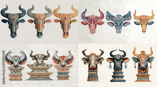 Decorative bull head illustrations with tribal and ornamental patterns, ideal for cultural designs, tattoo art, and mythological or boho-style projects.

