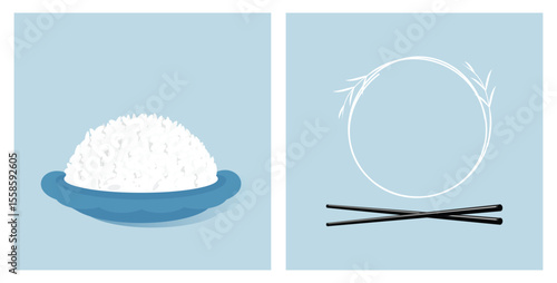 Rice plate, chopsticks and rice sign logo on blue backgrounds vector.