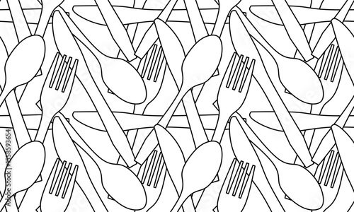 Seamless pattern of kitchen cutlery outlines.knife, fork, spoon in random arrangement. Hand drawn vector for restaurant, menu, kitchenware, or food themed backgrounds.