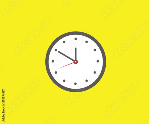 Flat Design Wall Clock Icon Showing Time with Hour, Minute, and Second Hands on Yellow Background – Minimalist Vector Illustration for Time Management, Schedule, and UI Design