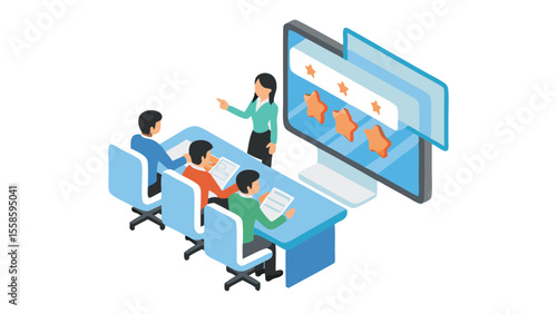 Isometric view of a meeting with a presenter and attendees looking at a screen displaying star ratings