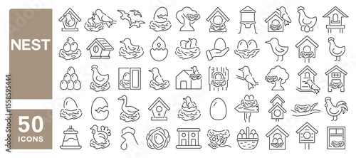 Set of 50 line icons related to nest, bird, eggs, birdhouse, birds, nesting box, Editable stroke. Vector illustration