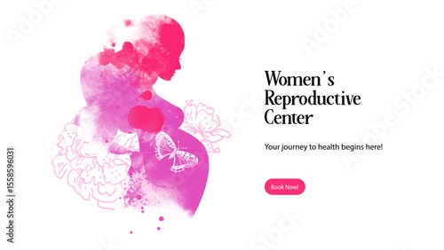 Watercolor hand drawn silhouette of pregnant woman with sketch flowers. Reproductive center design poster. Card of Happy Mothers Day. Vector illustration