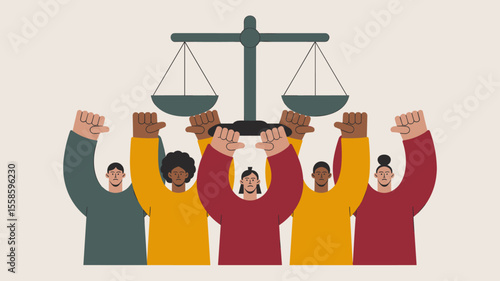diverse group of protesters raising fists and holding scales of justice, vector illustration for demanding justice, social equality and human rights advocacy