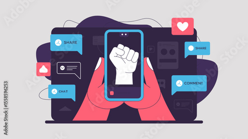activist's hands holding smartphone with raised fist on screen, vector illustration for digital activism, online protest and social media advocacy
