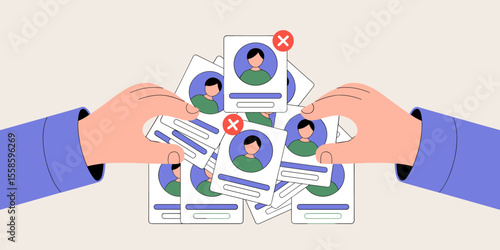 recruiter's hands sorting and removing duplicate candidate profiles, vector illustration for data de-duplication, customer record cleansing and crm management