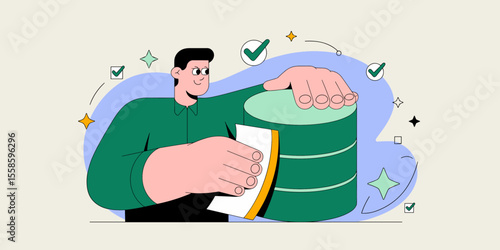 data steward cleaning a database cylinder with a cloth, vector illustration for data stewardship, quality assurance and information hygiene