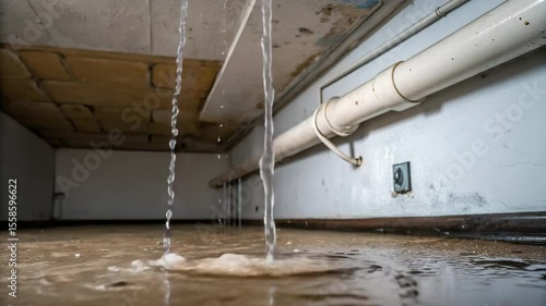Water leaking from ceiling onto flooded floor in abandoned building  