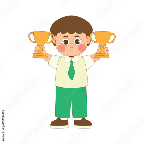 Cute boy student holding cup cartoon character illustration