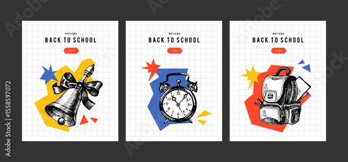 Back to school sketch banner set. School poster templates with hand drawn accessories. Diploma design. Vector illustration