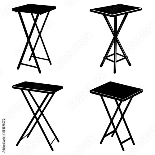 Illustration of four folding tables in black silhouette with varying leg configurations and table shapes