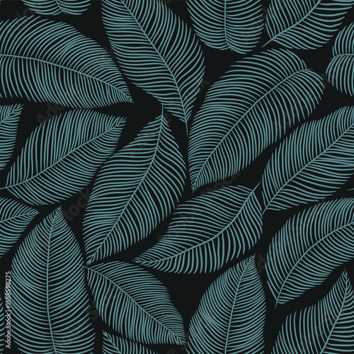seamless floral abstract background with  leaves drawn by thin lines. Green and black, monochrome