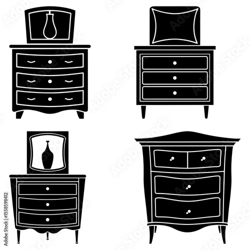 Four black and white dressers with varying drawer configurations and decorative elements are displayed