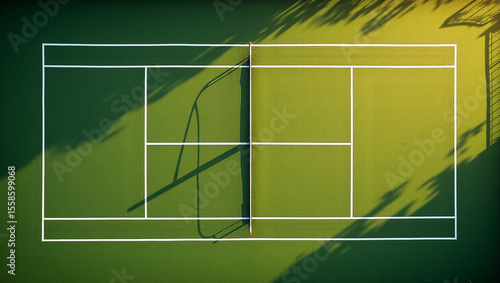 Aerial View of a Tennis Court Bathed in Sunlight