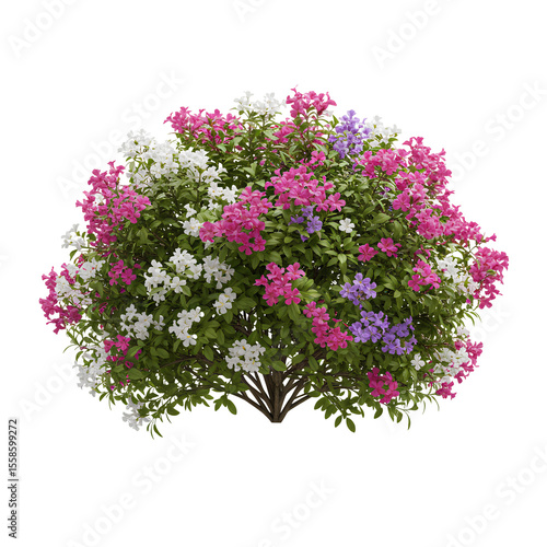 Green bush full of colorful flowers PNG. flowery bush isolated for landscape design, garden visuals and outdoor environment elements. Bushy green shrub with colorful flowers PNG