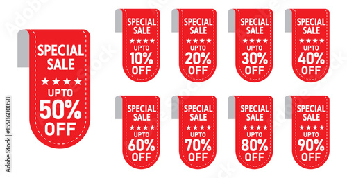 discounts numbers percent sign in red and white colours isolated on yellow background, from 10%,20%,30%,40%,50%,60%,70%,80%,90% discount's.