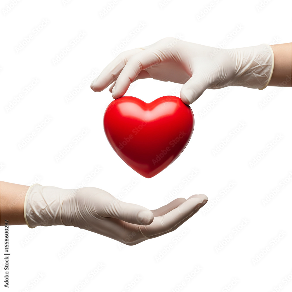 Fototapeta premium Doctor's hands gently offering a red heart—symbolizing healthcare, organ donation, and love. Perfect for medical campaigns, World Heart Day, and insurance ads. Emotional and powerful