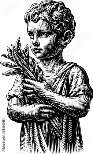 Vintage child statue holding green beans - engraved illustration for retro decor