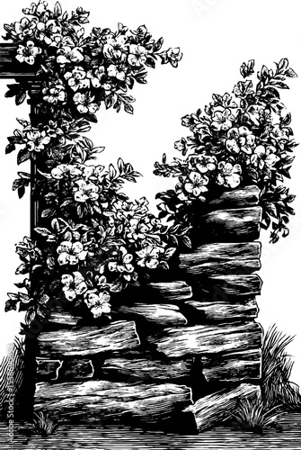 Vintage floral ruins with collapsed lintel and flowering vines for retro design