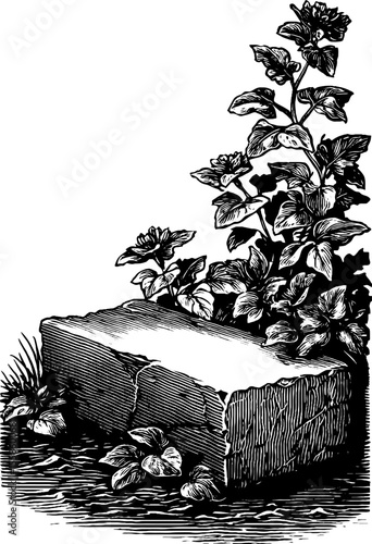 Vintage lintel engulfed by flowering vines - retro nature scene for wall art