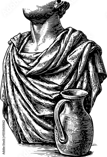 Vintage headless statue holding jug in detailed engraving style for classical art design