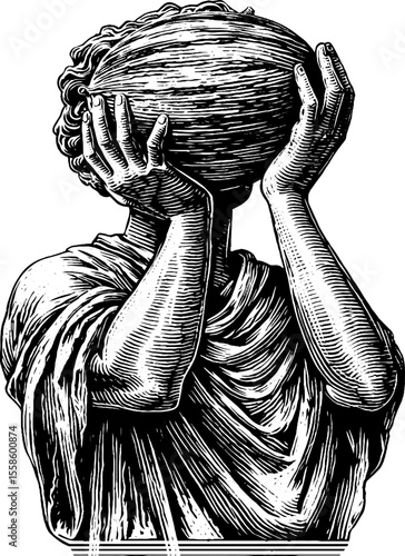 Headless statue with melon in arms - vintage sketch illustration for art prints
