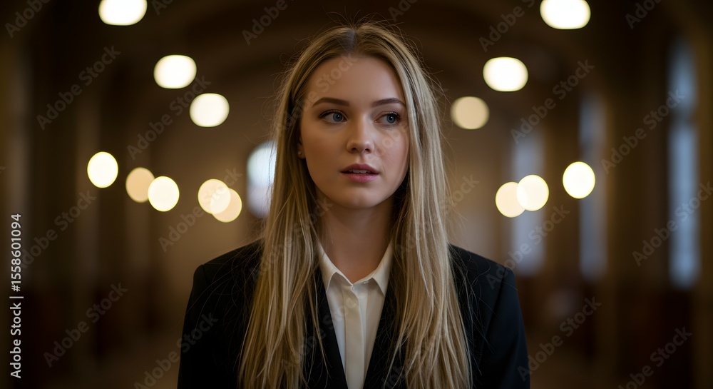 Obraz premium Elegant young woman in a business suit standing in a corridor, looking thoughtful. Focus on the girl with a blurred background and ambient lighting.